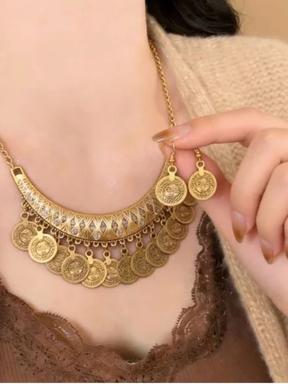 Fashion Jewelry Gold-Tone Coin Fringe Necklace with Matching Drops